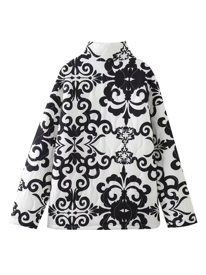 Quilted Jackets- Cozy Black Floral Print Quilted Oversized Jacket- - IndioGear Fashion and Gear