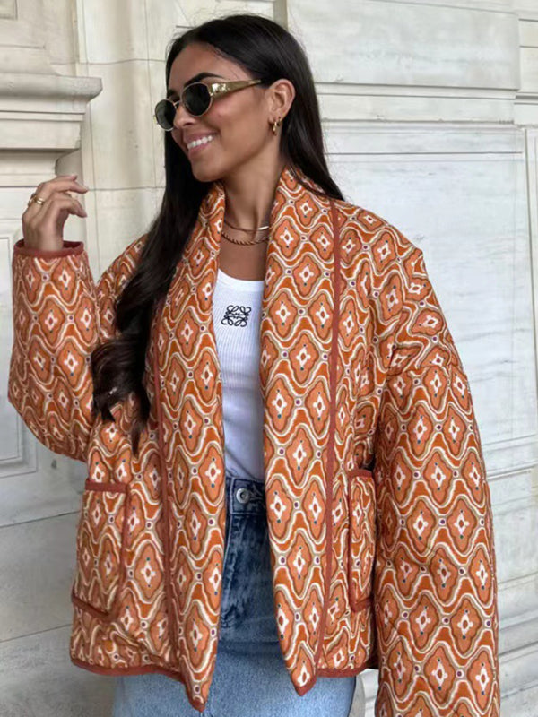 Quilted Jackets- Cozy Winter Abstract Print Shawl Collar Quilted Jacket- Orange Red- IndioGear Clothing and Gear