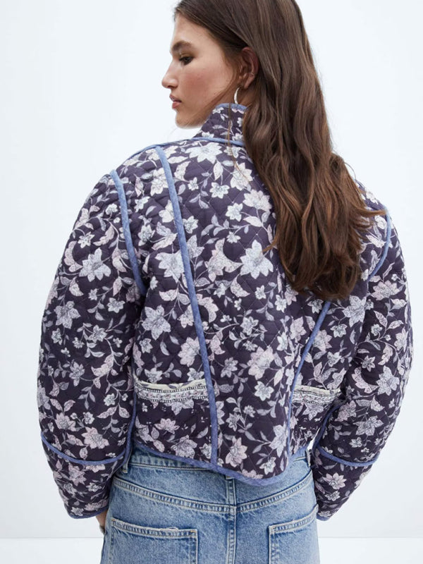 Quilted Jackets- Floral High Neck Open Front Double-Sided Quilted Crop Jacke- - IndioGear Clothing and Gear