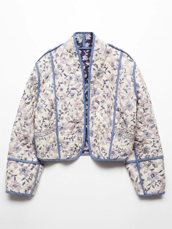 Quilted Jackets- Floral High Neck Open Front Double-Sided Quilted Crop Jacke- - IndioGear Clothing and Gear