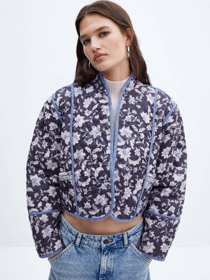 Quilted Jackets- Floral High Neck Open Front Double-Sided Quilted Crop Jacke- - IndioGear Clothing and Gear