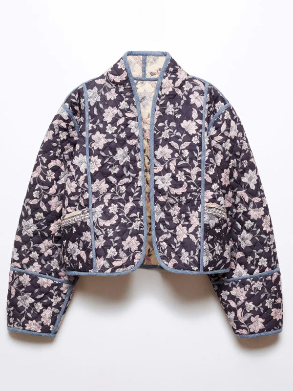 Quilted Jackets- Floral High Neck Open Front Double-Sided Quilted Crop Jacke- - IndioGear Clothing and Gear