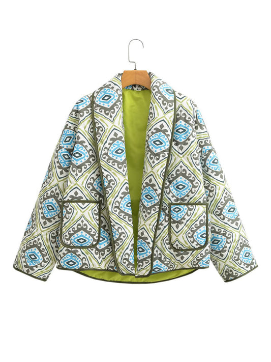 Quilted Jackets- Oversized Shawl Lapel Open Front Quilted Jacket with Floral Print and Contrast Binding- Pale green- IndioGear Clothing and Gear