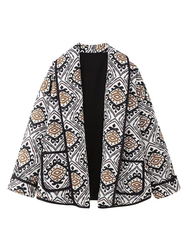 Quilted Jackets- Oversized Shawl Lapel Open Front Quilted Jacket with Floral Print and Contrast Binding- Grey- IndioGear Clothing and Gear