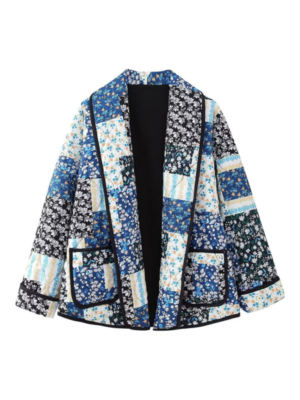 Quilted Jackets- Oversized Shawl Lapel Open Front Quilted Jacket with Floral Print and Contrast Binding- - IndioGear Clothing and Gear