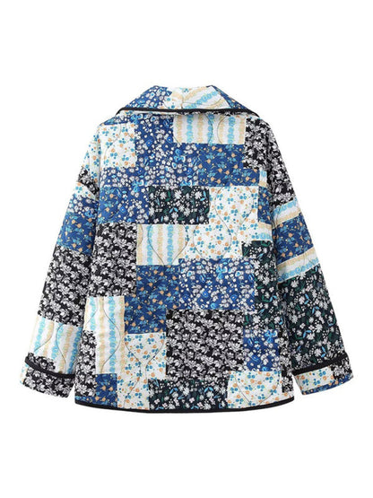 Quilted Jackets- Oversized Shawl Lapel Open Front Quilted Jacket with Floral Print and Contrast Binding- - IndioGear Clothing and Gear