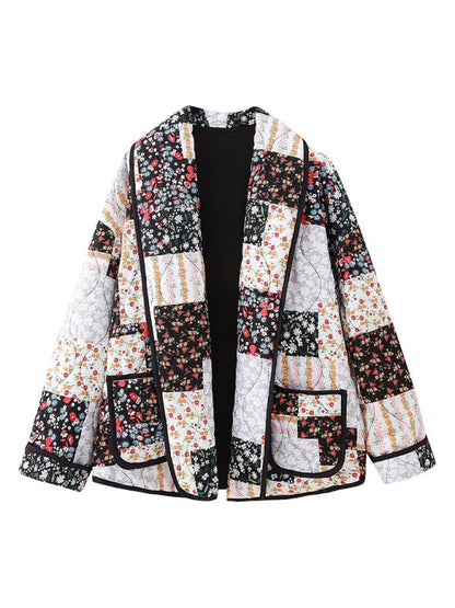 Quilted Jackets- Oversized Shawl Lapel Open Front Quilted Jacket with Floral Print and Contrast Binding- Brick red- IndioGear Clothing and Gear