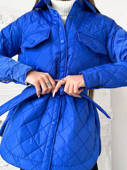 Quilted Jackets- Winter Cotton Longline Tie-Belt Coat Quilted Jacket- - IndioGear Clothing and Gear