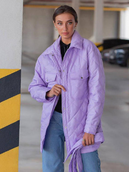 Quilted Jackets- Winter Cotton Longline Tie-Belt Coat Quilted Jacket- Purple- IndioGear Clothing and Gear