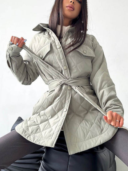 Quilted Jackets- Winter Cotton Longline Tie-Belt Coat Quilted Jacket- Grey- IndioGear Clothing and Gear