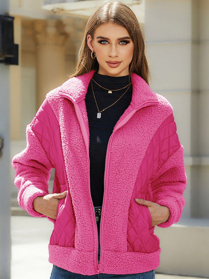 Quilted Jackets- Winter Zip-Up Fluffy Plush Quilted Jacket- Rose- IndioGear Clothing and Gear