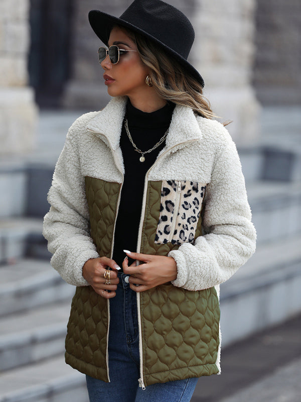 Quilted Jackets- Women's Zip-Up Leopard Print Mid Quilted Jacket- Green- IndioGear Clothing and Gear