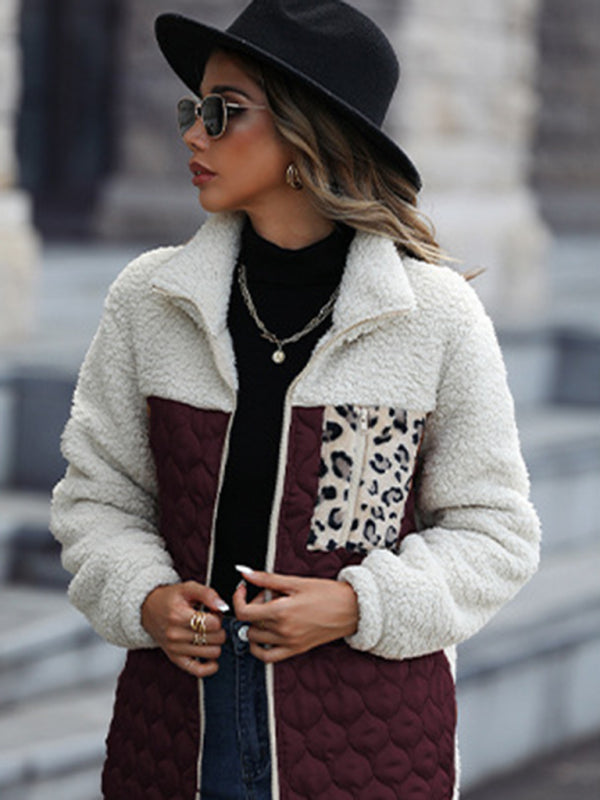 Quilted Jackets- Women's Zip-Up Leopard Print Mid Quilted Jacket- - IndioGear Clothing and Gear