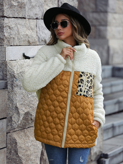 Quilted Jackets- Women's Zip-Up Leopard Print Mid Quilted Jacket- - IndioGear Clothing and Gear