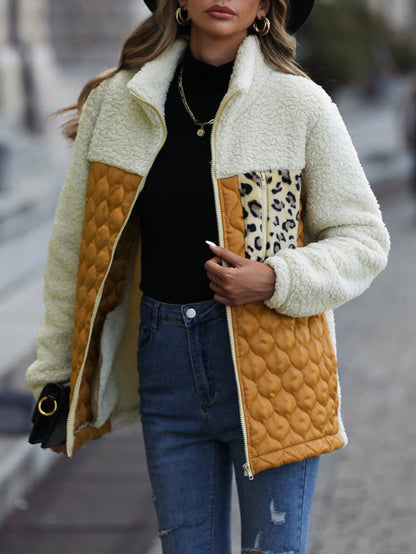 Quilted Jackets- Women's Zip-Up Leopard Print Mid Quilted Jacket- - IndioGear Clothing and Gear