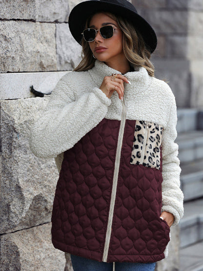 Quilted Jackets- Women's Zip-Up Leopard Print Mid Quilted Jacket- - IndioGear Clothing and Gear