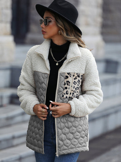 Quilted Jackets- Women's Zip-Up Leopard Print Mid Quilted Jacket- Grey- IndioGear Clothing and Gear