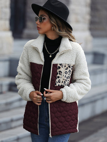 Quilted Jackets- Women's Zip-Up Leopard Print Mid Quilted Jacket- - IndioGear Clothing and Gear