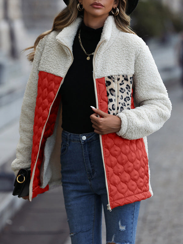 Quilted Jackets- Women's Zip-Up Leopard Print Mid Quilted Jacket- Orange Red- IndioGear Clothing and Gear