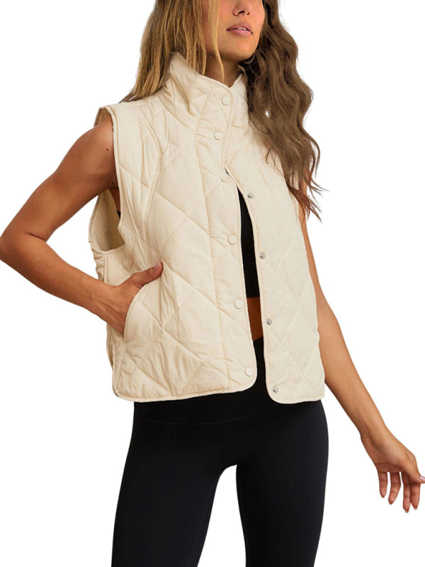 Quilted Vests- Button-Up Quilted Vest Waistcoat with Stand Collar- - IndioGear Fashion and Gear