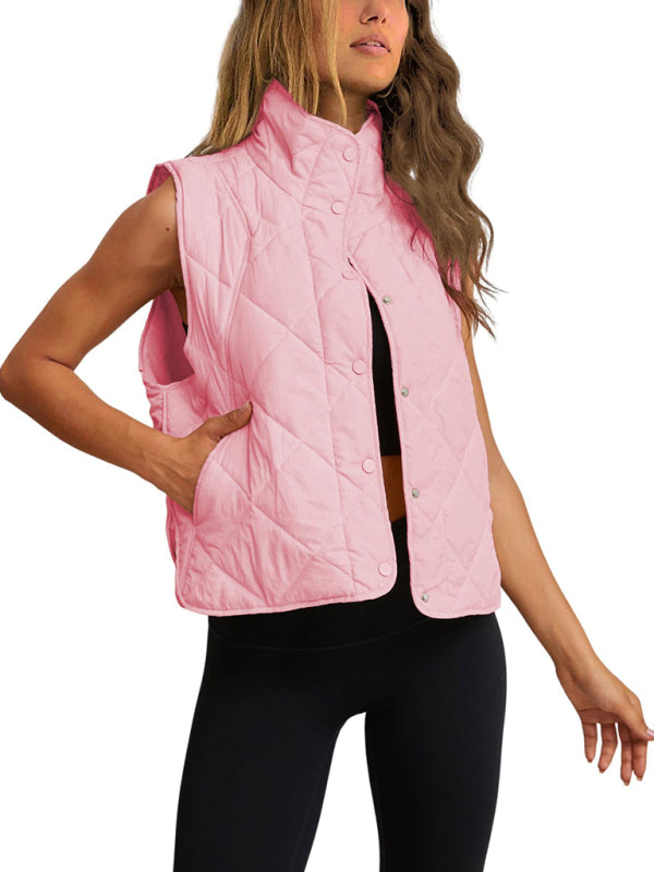 Quilted Vests- Button-Up Quilted Vest Waistcoat with Stand Collar- - IndioGear Fashion and Gear