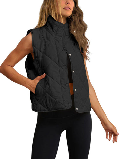 Quilted Vests- Button-Up Quilted Vest Waistcoat with Stand Collar- - IndioGear Fashion and Gear