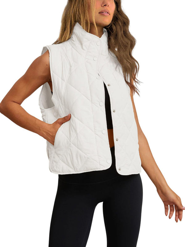 Quilted Vests- Button-Up Quilted Vest Waistcoat with Stand Collar- - IndioGear Fashion and Gear