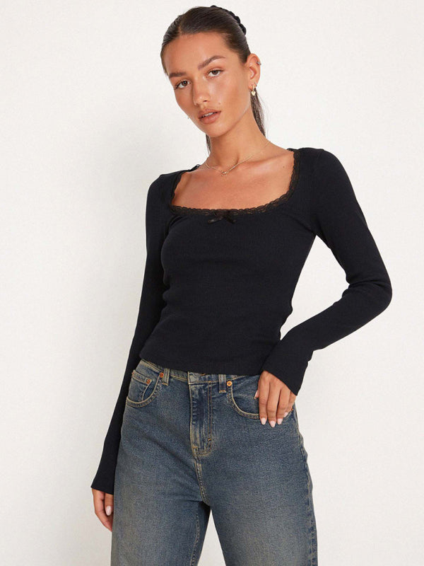 Ribbed Tops- Romantic Solid Ribbed Crop Tee - Fitted Long Sleeve T-Shirt- - IndioGear Clothing and Gear