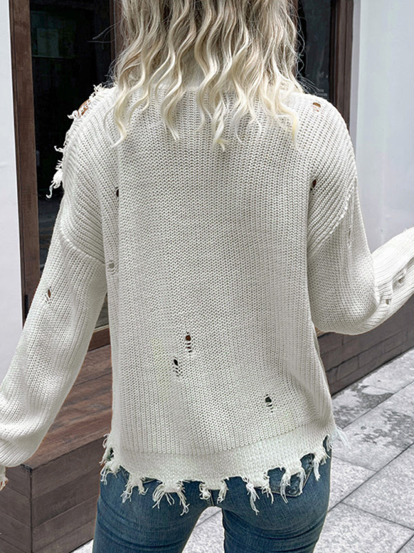 Ripped Sweaters- Frayed Knitted Turtleneck Sweater- - IndioGear Fashion and Gear