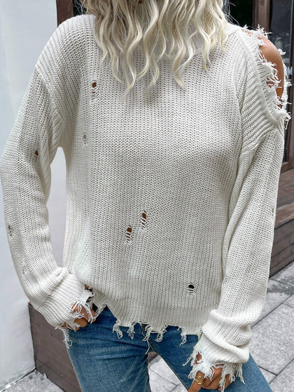 Ripped Sweaters- Frayed Knitted Turtleneck Sweater- - IndioGear Fashion and Gear