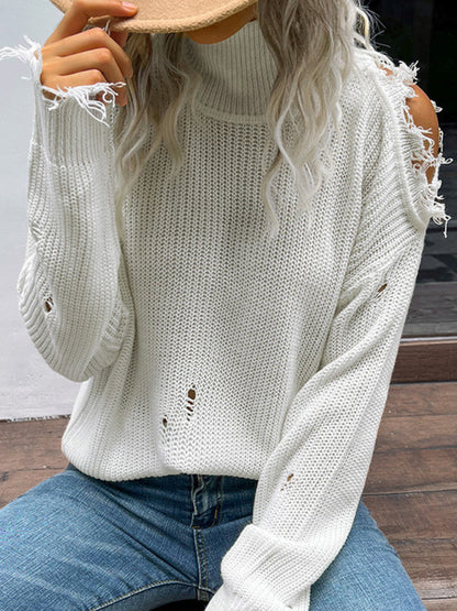 Ripped Sweaters- Frayed Knitted Turtleneck Sweater- - IndioGear Fashion and Gear