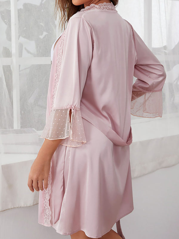 Robes Loungewear- Elegant Satin Kimono Lace-Accented Belted Robe- - IndioGear Fashion and Gear