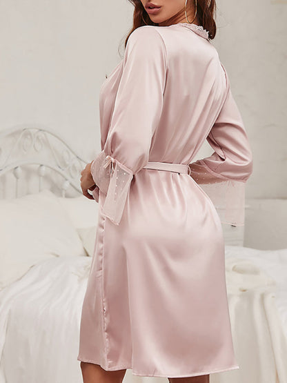 Robes Loungewear- Elegant Satin Kimono Lace-Accented Belted Robe- - IndioGear Fashion and Gear