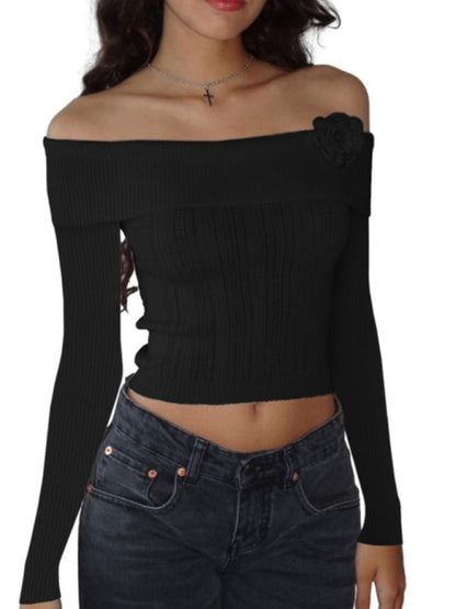 Romantic Sweaters- Romantic Ribbed Knit Long Sleeve Top with Off-The-Shoulder Elegance- Black- IndioGear Clothing and Gear