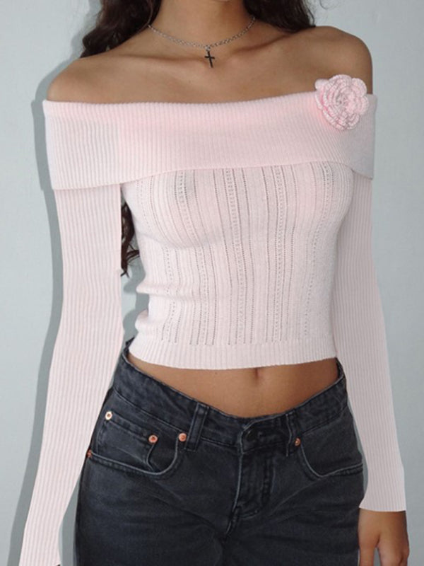 Romantic Sweaters- Romantic Ribbed Knit Long Sleeve Top with Off-The-Shoulder Elegance- Pink- IndioGear Clothing and Gear