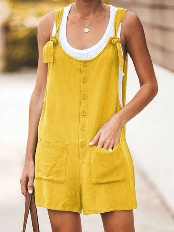 Rompers- Button-Down Cotton Bib Shorts Overalls- Yellow- IndioGear Fashion and Gear