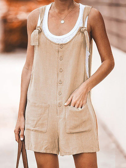 Rompers- Button-Down Cotton Bib Shorts Overalls- Khaki- IndioGear Fashion and Gear