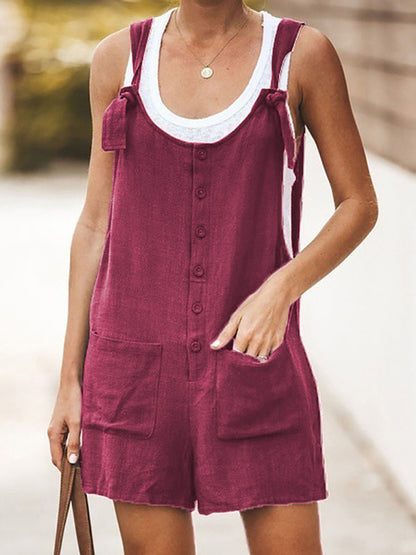 Rompers- Button-Down Cotton Bib Shorts Overalls- Wine Red- IndioGear Fashion and Gear