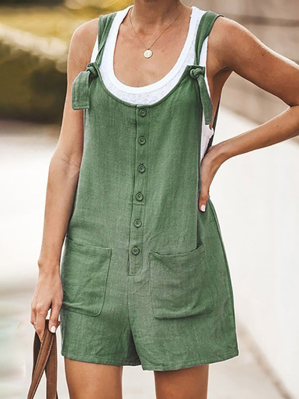 Rompers- Button-Down Cotton Bib Shorts Overalls- Olive green- IndioGear Fashion and Gear