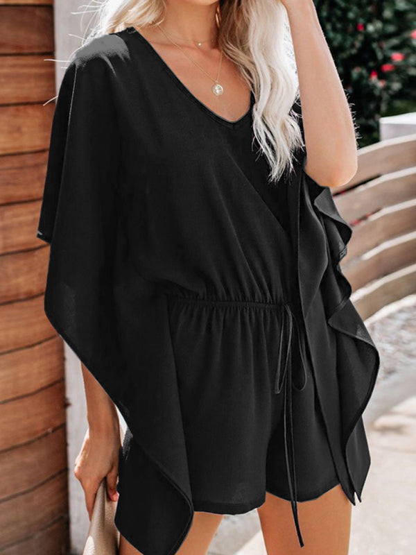 Rompers- Confidence Boosting: Grab Your Perfect Fit V-Neck Romper Jumpsuit Now!- Black- IndioGear Fashion and Gear