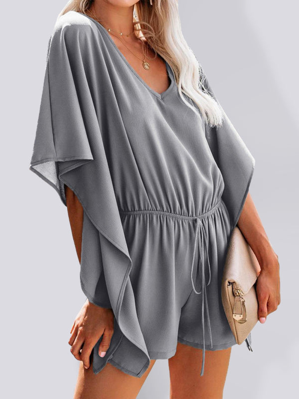 Rompers- Confidence Boosting: Grab Your Perfect Fit V-Neck Romper Jumpsuit Now!- Grey- IndioGear Fashion and Gear