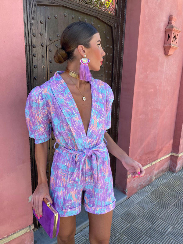 Rompers- Elegant Abstract Print Plunge Shawl Lapels Belt Tie Romper- - IndioGear Fashion and Gear