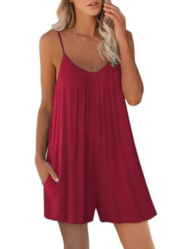 Rompers- Flowy Short Playsuit - Women's Solid Cami Romper with Pockets- - IndioGear Fashion and Gear