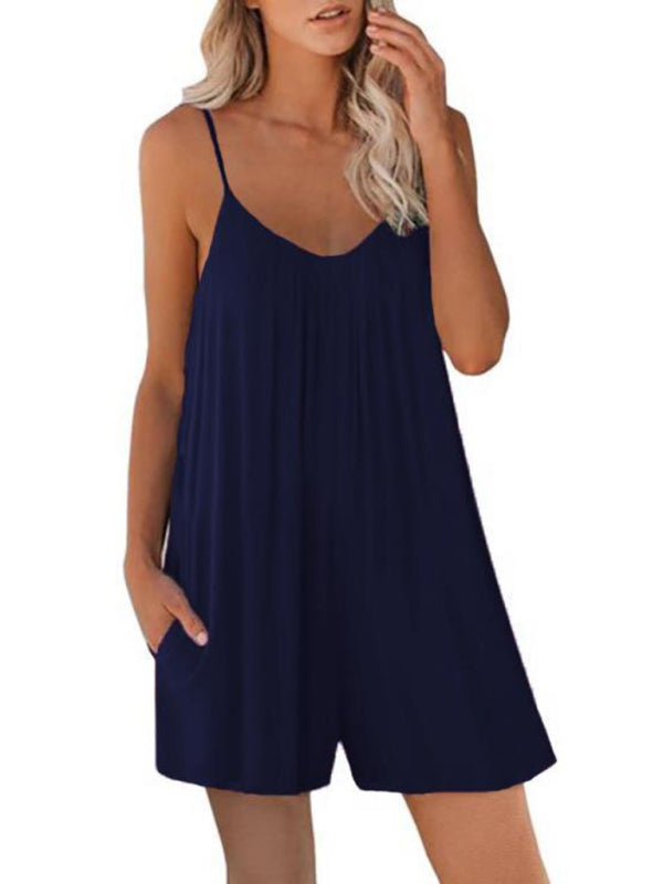 Rompers- Flowy Short Playsuit - Women's Solid Cami Romper with Pockets- - IndioGear Fashion and Gear