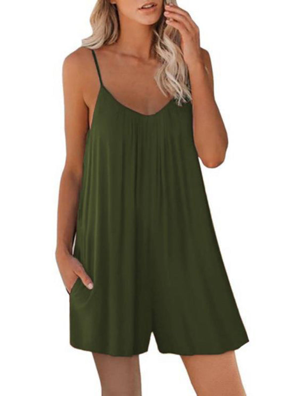 Rompers- Flowy Short Playsuit - Women's Solid Cami Romper with Pockets- Green- IndioGear Fashion and Gear