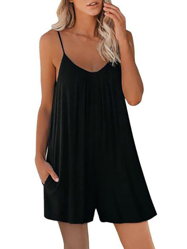 Rompers- Flowy Short Playsuit - Women's Solid Cami Romper with Pockets- - IndioGear Fashion and Gear