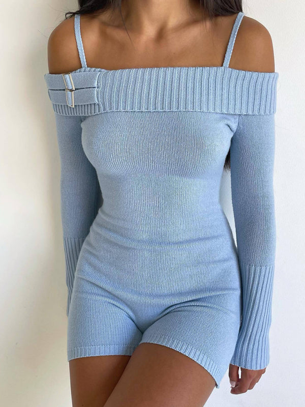 Rompers- Long Sleeve Knit Romper | Off-Shoulder Casual Jumpsuit- - IndioGear Fashion and Gear