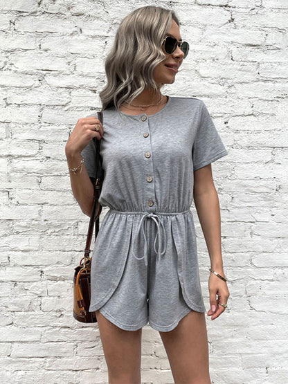 Rompers- Modern Short Sleeves Button Down Romper - Adjustable Waist Jumpsuits- Misty grey- IndioGear Fashion and Gear