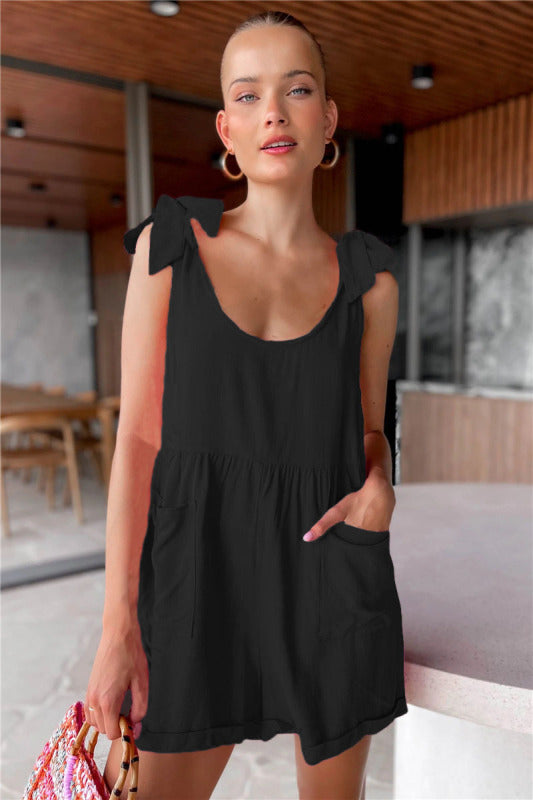 Rompers- Relaxed and On-Trend: Women's Wide Leg Romper - Short Jumpsuit- Black- IndioGear Fashion and Gear