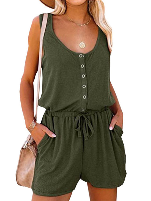 Rompers- Solid Tank Romper with Wide-Leg Shorts- Olive green- IndioGear Fashion and Gear